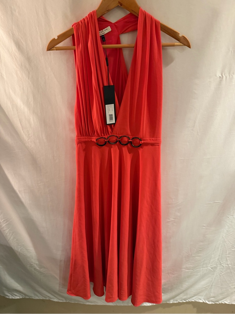 H by Halston Coral Red V-Neck Sleeveless Midi Dress with Ring Waist Detail